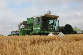 Ein Mähdrescher im Gerstenfeld 